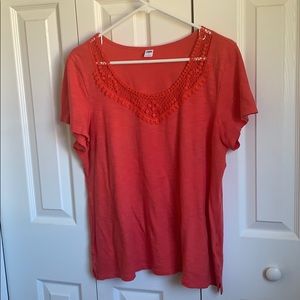 Coral-Red Crochet Neckline Top